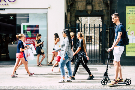Reims France July 23, 2018 View of unknowns people walking in the street of Reims in the afternoonのeditorial素材