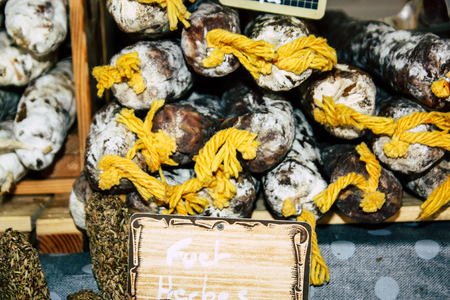 Reims France July 14, 2018 View of dry sausages sold at the Reims market in the morningのeditorial素材