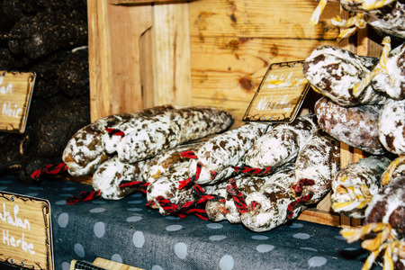 Reims France July 14, 2018 View of dry sausages sold at the Reims market in the morningのeditorial素材