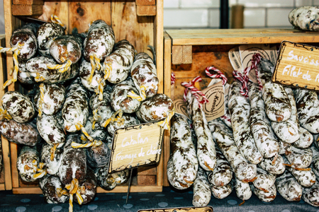 Reims France July 14, 2018 View of dry sausages sold at the Reims market in the morningのeditorial素材