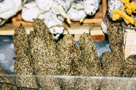 Reims France July 14, 2018 View of dry sausages sold at the Reims market in the morningのeditorial素材
