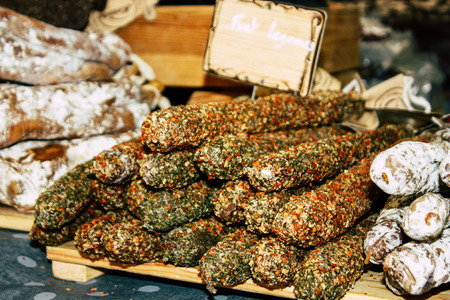 Reims France July 14, 2018 View of dry sausages sold at the Reims market in the morningのeditorial素材