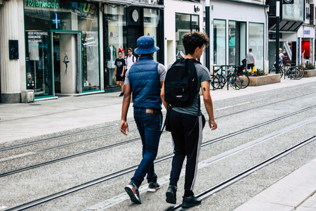 Reims France July 23, 2018 View of unknowns people walking in the street of Reims in the afternoonのeditorial素材