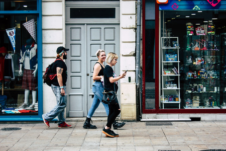 Reims France July 23, 2018 View of unknowns people walking in the street of Reims in the afternoonのeditorial素材