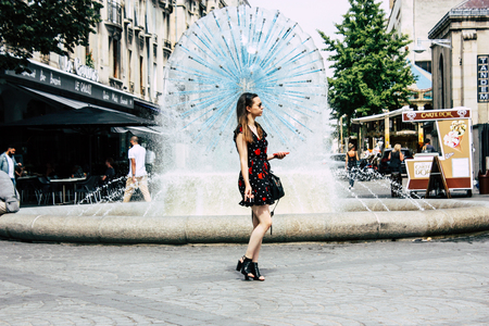 Reims France July 23, 2018 View of unknowns people walking in the street of Reims in the afternoonのeditorial素材