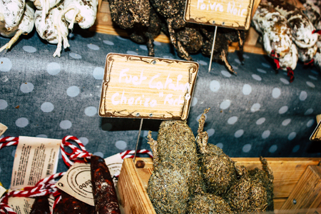 Reims France July 14, 2018 View of dry sausages sold at the Reims market in the morningのeditorial素材