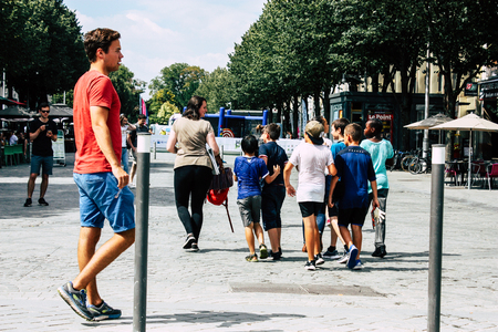 Reims France July 23, 2018 View of unknowns people walking in the street of Reims in the afternoonのeditorial素材