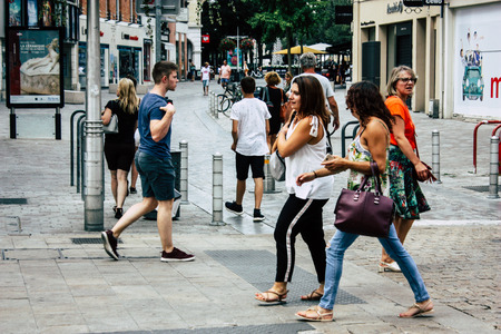 Reims France July 23, 2018 View of unknowns people walking in the street of Reims in the afternoonのeditorial素材
