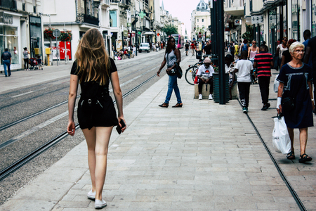 Reims France July 23, 2018 View of unknowns people walking in the street of Reims in the afternoonのeditorial素材