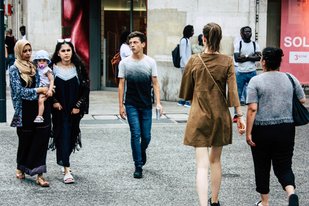 Reims France July 23, 2018 View of unknowns people walking in the street of Reims in the afternoonのeditorial素材