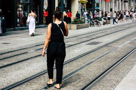 Reims France July 23, 2018 View of unknowns people walking in the street of Reims in the afternoonのeditorial素材