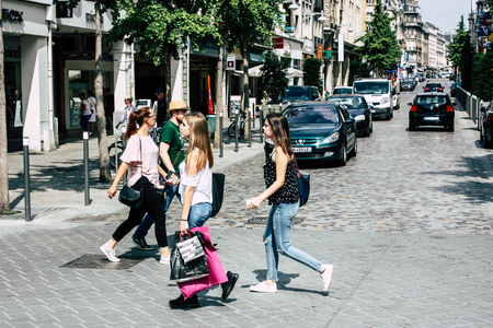 Reims France July 23, 2018 View of unknowns people walking in the street of Reims in the afternoonのeditorial素材