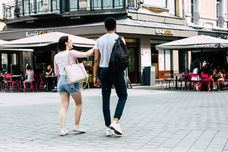 Reims France July 23, 2018 View of unknowns people walking in the street of Reims in the afternoonのeditorial素材