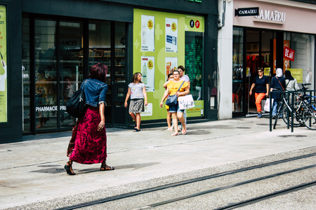 Reims France July 23, 2018 View of unknowns people walking in the street of Reims in the afternoonのeditorial素材