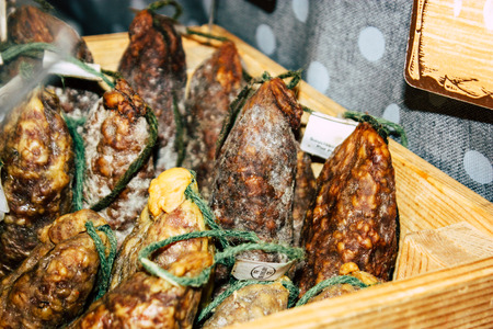 Reims France July 14, 2018 View of dry sausages sold at the Reims market in the morningのeditorial素材