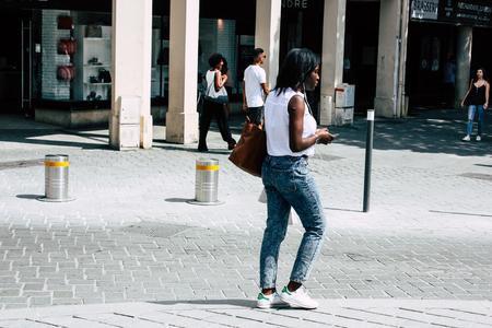 Reims France July 23, 2018 View of unknowns people walking in the street of Reims in the afternoonのeditorial素材
