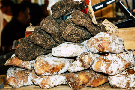 Reims France July 14, 2018 View of dry sausages sold at the Reims market in the morningのeditorial素材