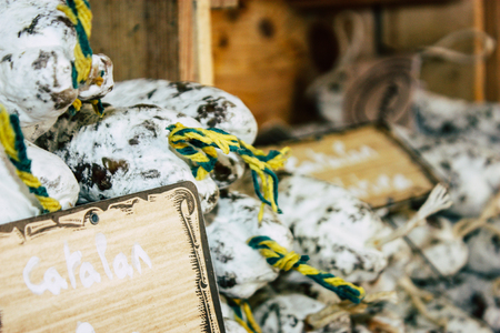 Reims France July 14, 2018 View of dry sausages sold at the Reims market in the morningのeditorial素材