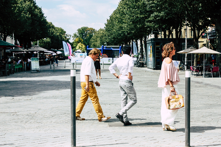 Reims France July 23, 2018 View of unknowns people walking in the street of Reims in the afternoonのeditorial素材