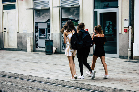 Reims France July 23, 2018 View of unknowns people walking in the street of Reims in the afternoonのeditorial素材