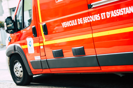Reims France July 23, 2018 View of a French fire engine in the street of Reims in the afternoonのeditorial素材