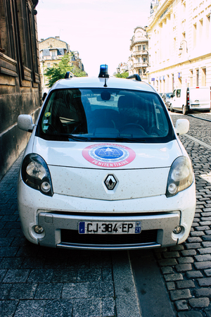 Reims France July 16, 2018 View of a French police car parked in the street of Reims in the afternoonのeditorial素材