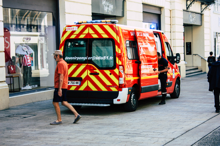 Reims France July 16, 2018 View of a fire engine in the street of Reims in the afternoonのeditorial素材