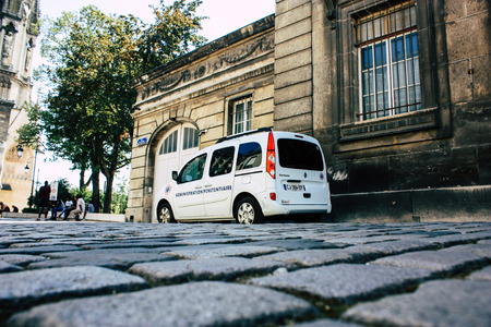 Reims France July 16, 2018 View of a French police car parked in the street of Reims in the...