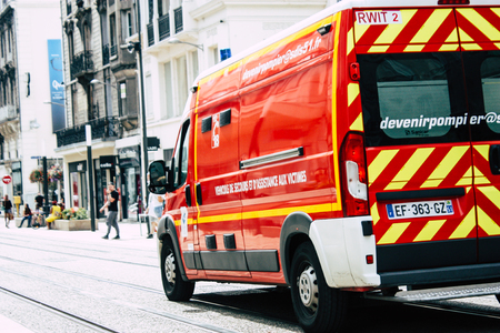 Reims France July 23, 2018 View of a French fire engine in the street of Reims in the afternoonのeditorial素材