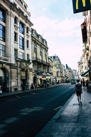 Reims France July 16, 2018 View of unknown people walking in the street of Reims in the afternoonのeditorial素材