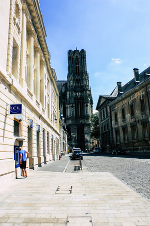 Reims France July 16, 2018 View of unknown people walking in the street of Reims in the afternoonのeditorial素材