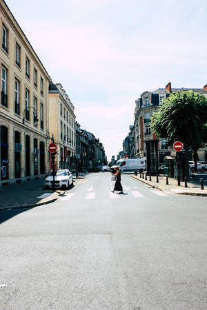 Reims France July 16, 2018 View of unknown people walking in the street of Reims in the afternoonのeditorial素材