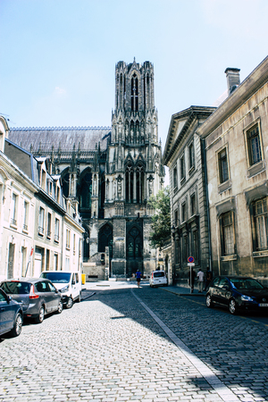 Reims France July 16, 2018 View of unknown people walking in the street of Reims in the afternoon