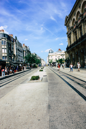Reims France July 16, 2018 View of unknown people walking in the street of Reims in the afternoonのeditorial素材