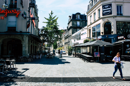 Reims France July 16, 2018 View of unknown people walking in the street of Reims in the afternoonのeditorial素材