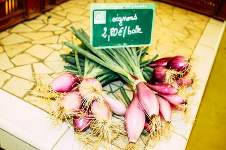 Reims France July 14, 2018 View of vegetables and fruits sold at the Reims market in the morningのeditorial素材