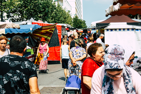 Reims France July 27, 2018 View of unknowns people shopping and walking at the Reims street market in the morningのeditorial素材