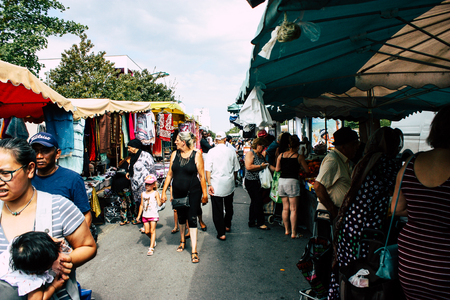 Reims France July 27, 2018 View of unknowns people shopping and walking at the Reims street market in the morningのeditorial素材