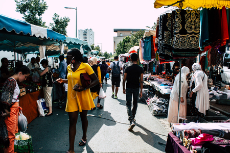 Reims France July 27, 2018 View of unknowns people shopping and walking at the Reims street market in the morningのeditorial素材