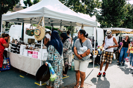 Reims France July 27, 2018 View of unknowns people shopping and walking at the Reims street market in the morningのeditorial素材