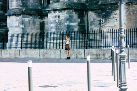 Reims France July 16, 2018 View of unknown people walking front the Notre Dame cathedral in Reims in the afternoonのeditorial素材