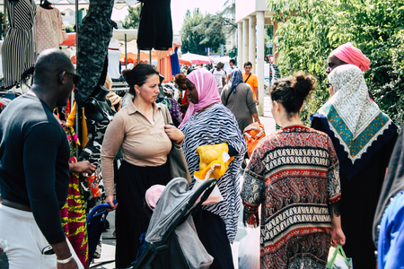 Reims France July 27, 2018 View of unknowns people shopping and walking at the Reims street market in the morningのeditorial素材
