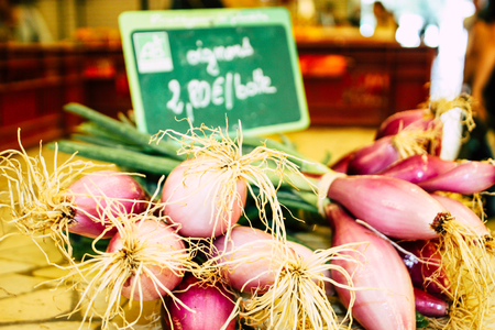 Reims France July 14, 2018 View of vegetables and fruits sold at the Reims market in the morningのeditorial素材