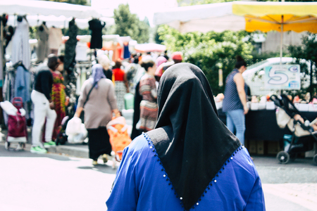 Reims France July 27, 2018 View of unknowns people shopping and walking at the Reims street market in the morningのeditorial素材