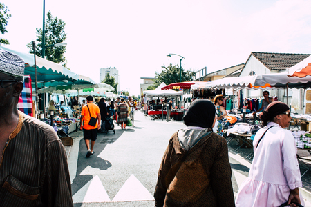 Reims France July 27, 2018 View of unknowns people shopping and walking at the Reims street market in the morningのeditorial素材