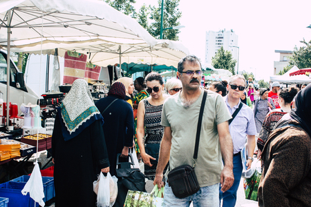 Reims France July 27, 2018 View of unknowns people shopping and walking at the Reims street market in the morningのeditorial素材