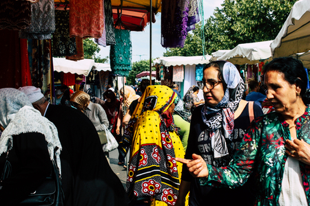 Reims France July 27, 2018 View of unknowns people shopping and walking at the Reims street market in the morningのeditorial素材