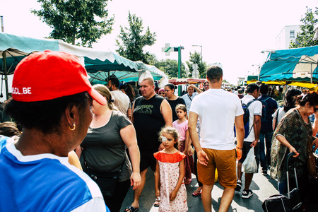 Reims France July 27, 2018 View of unknowns people shopping and walking at the Reims street market in the morningのeditorial素材