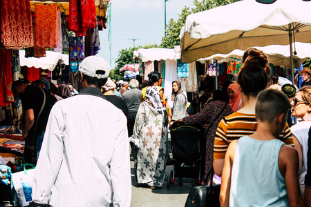 Reims France July 27, 2018 View of unknowns people shopping and walking at the Reims street market in the morningのeditorial素材