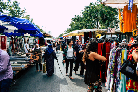 Reims France July 27, 2018 View of unknowns people shopping and walking at the Reims street market in the morningのeditorial素材